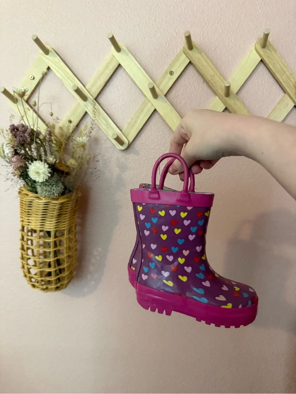 NEW Harper Canyon Kids Heart Print Purple Rain Boots with Pink Trim